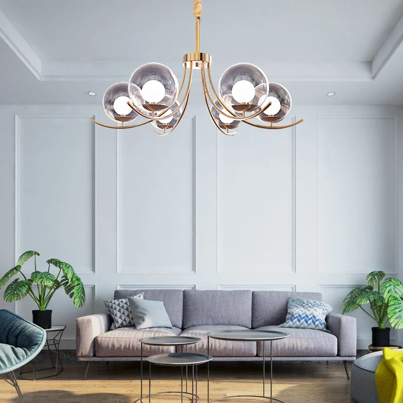 Helder glazen bol kroonluchter verlichtingsarmatuur moderne stijl 6/8/10 koppen gouden hanglamp met gebogen arm Clearhalo