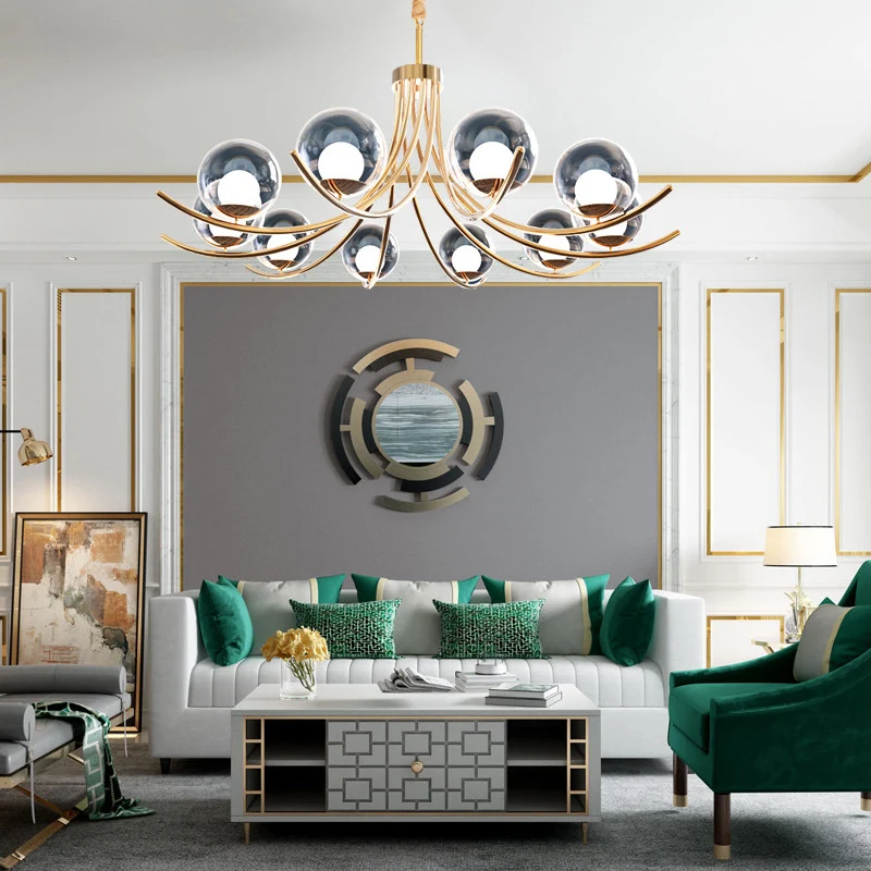 Helder glazen bol kroonluchter verlichtingsarmatuur moderne stijl 6/8/10 koppen gouden hanglamp met gebogen arm Clearhalo