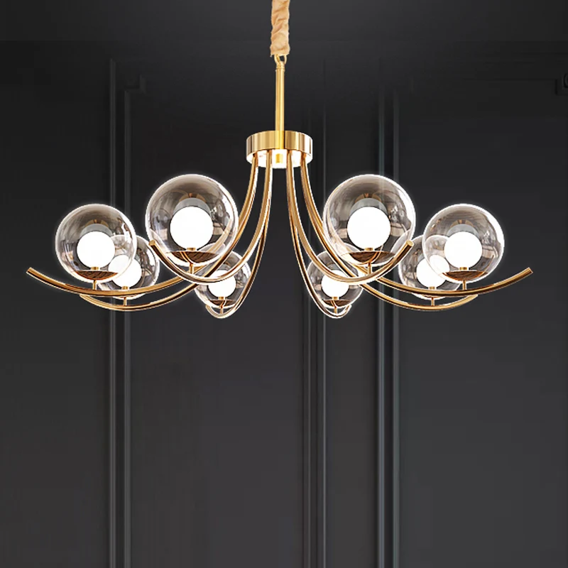 Helder glazen bol kroonluchter verlichtingsarmatuur moderne stijl 6/8/10 koppen gouden hanglamp met gebogen arm Clearhalo