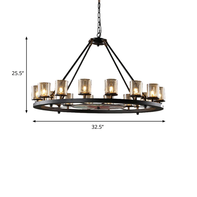 Helder glazen wagenwiel hangende kroonluchter Klassiek 12/16 lichts woonkamer hanglamp met cilinderkap Clearhalo