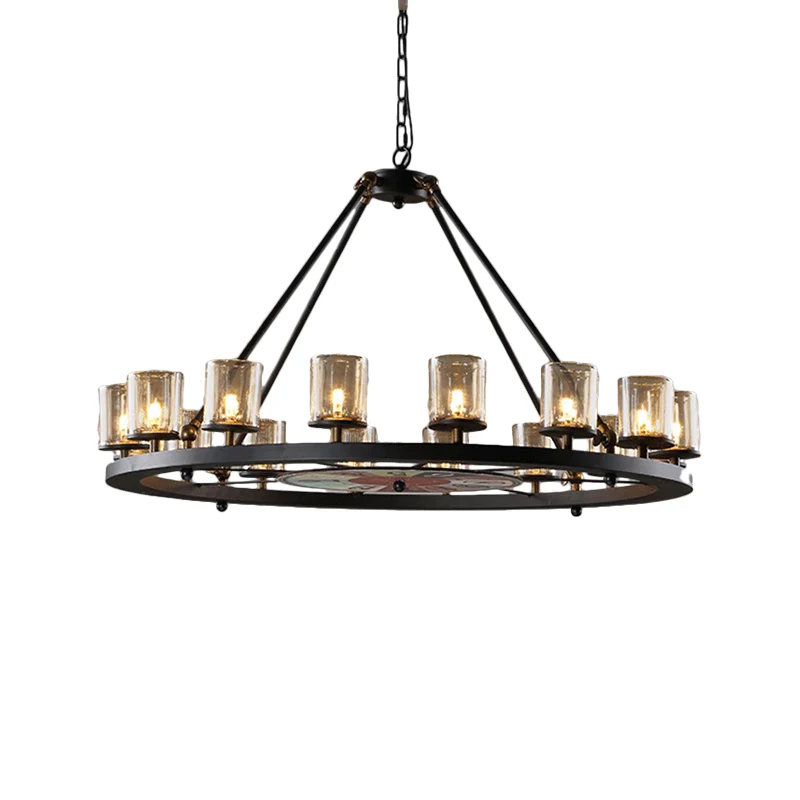 Helder glazen wagenwiel hangende kroonluchter Klassiek 12/16 lichts woonkamer hanglamp met cilinderkap Clearhalo