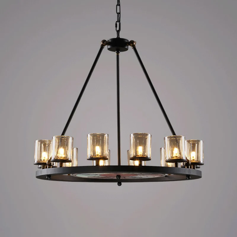 Helder glazen wagenwiel hangende kroonluchter Klassiek 12/16 lichts woonkamer hanglamp met cilinderkap Clearhalo