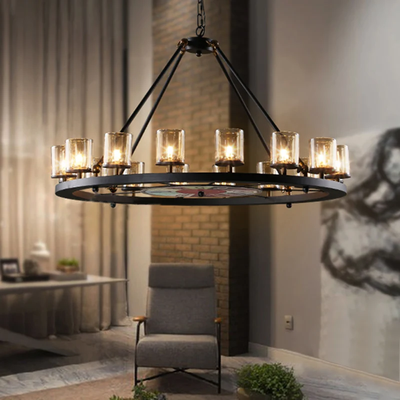Helder glazen wagenwiel hangende kroonluchter Klassiek 12/16 lichts woonkamer hanglamp met cilinderkap Clearhalo