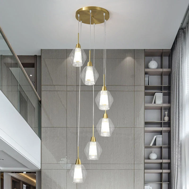Helder, handgeblazen glas, schaduwrijk multi-plafondlicht, Scandinavische stijl gouden ophangverlichting voor trappenhuis...