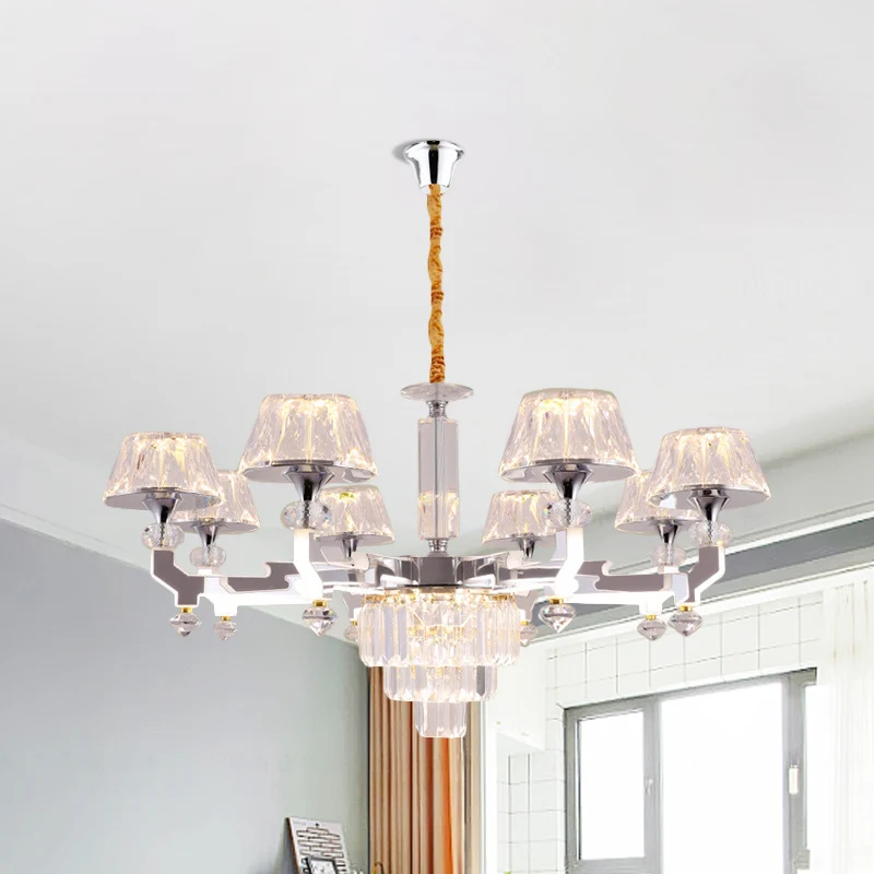 Helder kristal zilveren plafondlamp cilindrisch 6/8 lampen traditionele hangende kroonluchter, warm/wit/natuurlijk licht C...