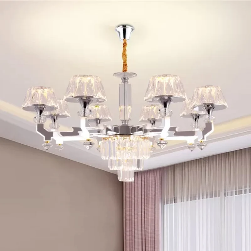Helder kristal zilveren plafondlamp cilindrisch 6/8 lampen traditionele hangende kroonluchter, warm/wit/natuurlijk licht C...