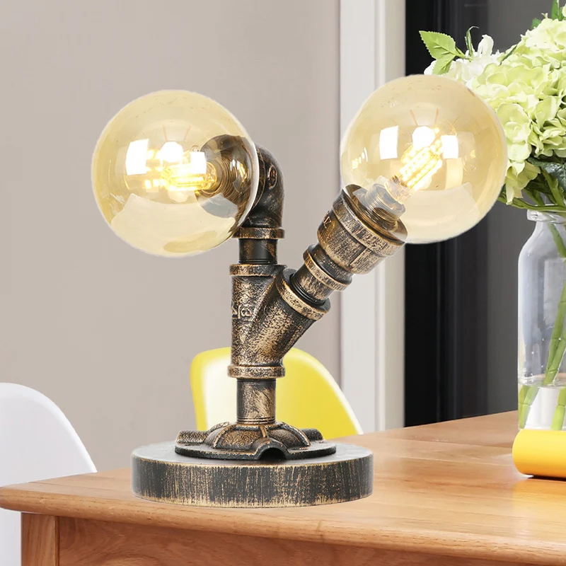 Helder/amberkleurig glas, ronde kap, taakverlichting, vintage stijl, 2 lampen, koffieshop-bureaulamp antiek zilver/brons C...