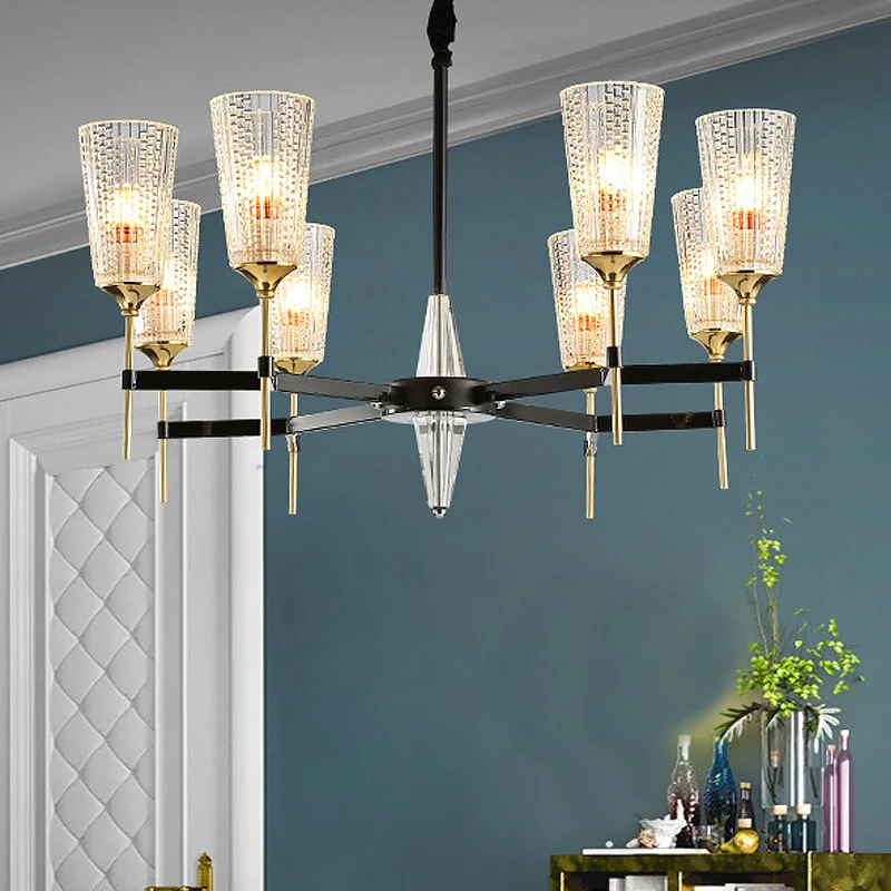 Heldere 6/8-lichts hangende kroonluchter Traditionele getextureerde glazen kegel hanglamp voor woonkamer Clearhalo