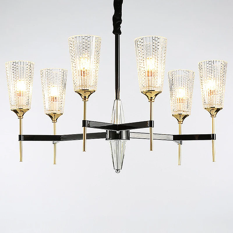 Heldere 6/8-lichts hangende kroonluchter Traditionele getextureerde glazen kegel hanglamp voor woonkamer Clearhalo