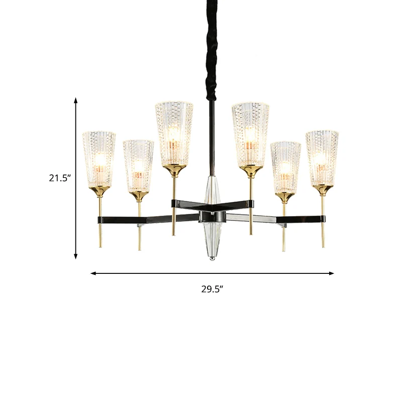Heldere 6/8-lichts hangende kroonluchter Traditionele getextureerde glazen kegel hanglamp voor woonkamer Clearhalo