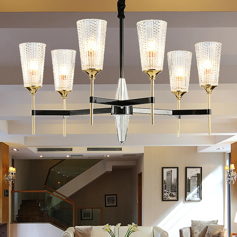 Heldere 6/8-lichts hangende kroonluchter Traditionele getextureerde glazen kegel hanglamp voor woonkamer Clearhalo