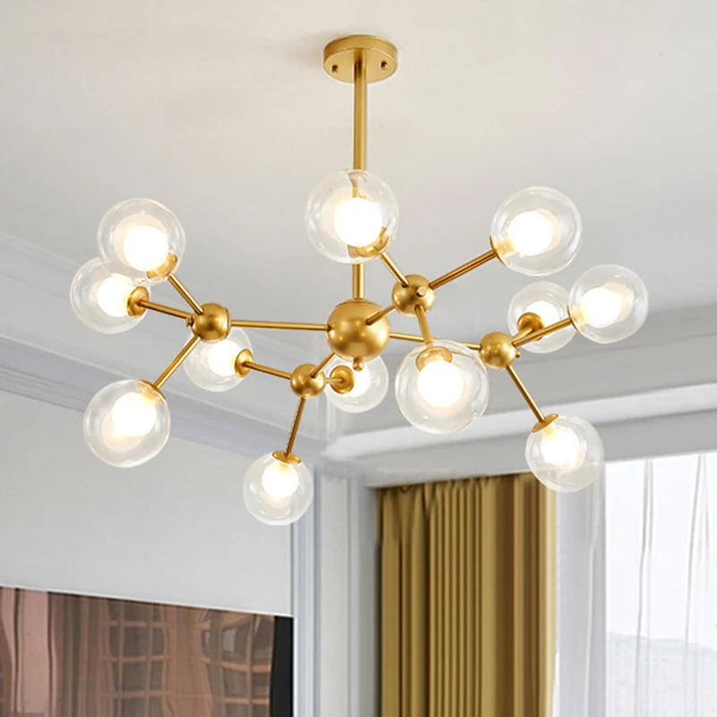 Heldere glazen kroonluchter bolvorm, licht moleculair mat ijzer, moderne hanglamp goud Clearhalo