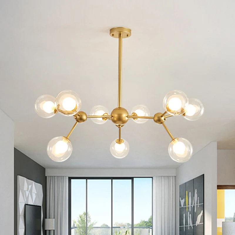 Heldere glazen kroonluchter bolvorm, licht moleculair mat ijzer, moderne hanglamp goud Clearhalo