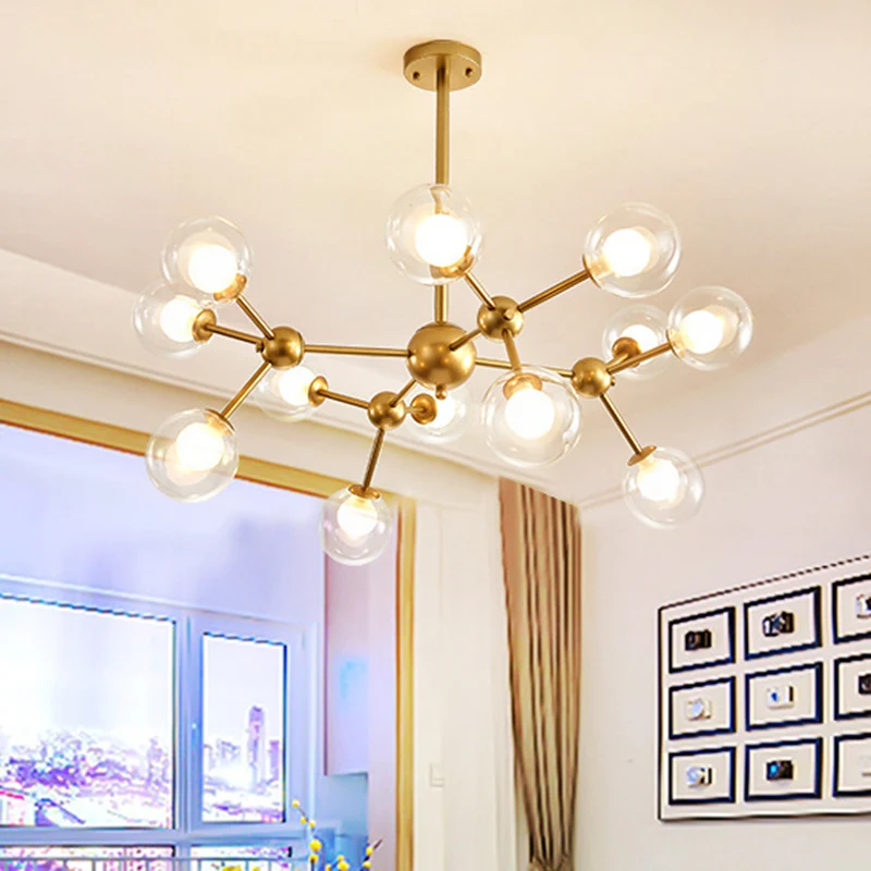 Heldere glazen kroonluchter bolvorm, licht moleculair mat ijzer, moderne hanglamp goud Clearhalo