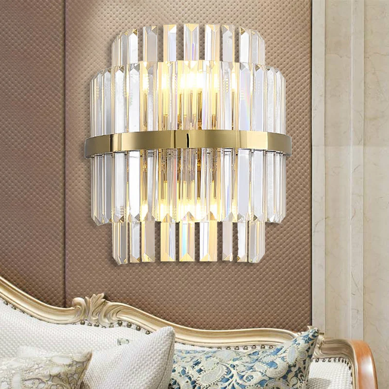 Heldere kristallen cilinder wandverlichting eigentijdse stijl 2 lampen wandlamp messing voor slaapkamer Clearhalo