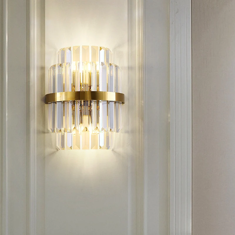 Heldere kristallen cilinder wandverlichting eigentijdse stijl 2 lampen wandlamp messing voor slaapkamer Clearhalo
