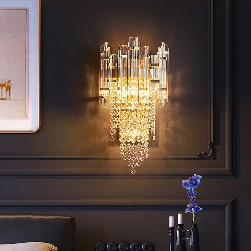 Heldere kristallen gelaagde wandlamp Sconce Modernisme 1-lamps gouden wandlamp voor nachtkastje Clearhalo
