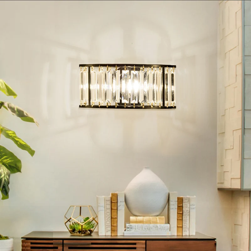 Heldere kristallen halve cilinder wandverlichting 1-lichts eigentijdse wandlamp zwart/goud Clearhalo