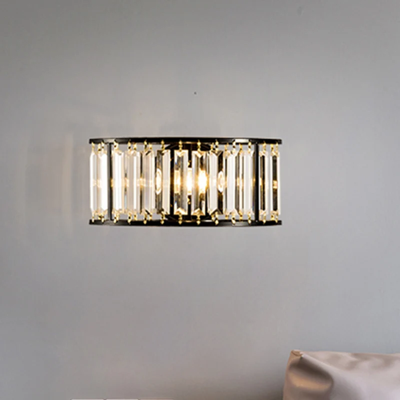 Heldere kristallen halve cilinder wandverlichting 1-lichts eigentijdse wandlamp zwart/goud Clearhalo