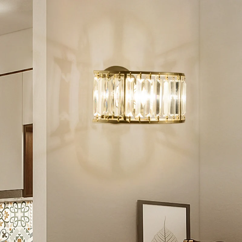 Heldere kristallen halve cilinder wandverlichting 1-lichts eigentijdse wandlamp zwart/goud Clearhalo