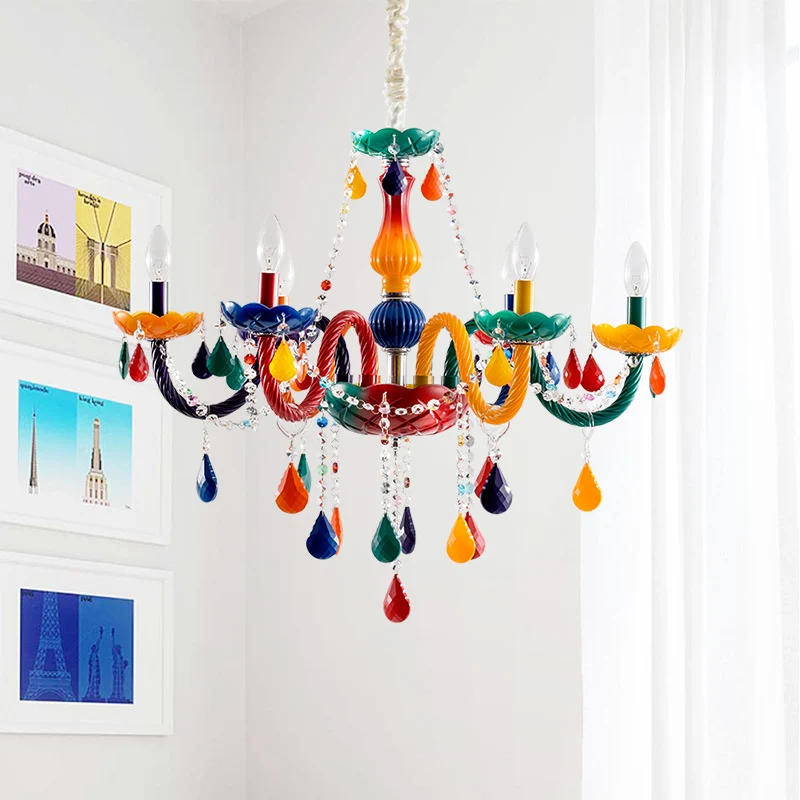 Heldere kristallen kaarshangende kroonluchter voor kinderen, 6 lampen, rode en gele hanglamp met verstelbare ketting Clear...