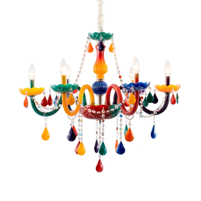 Heldere kristallen kaarshangende kroonluchter voor kinderen, 6 lampen, rode en gele hanglamp met verstelbare ketting Clear...