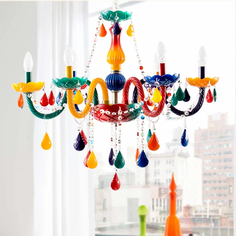 Heldere kristallen kaarshangende kroonluchter voor kinderen, 6 lampen, rode en gele hanglamp met verstelbare ketting Clear...