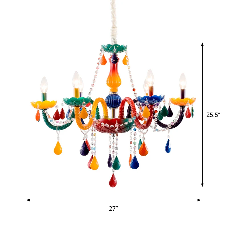 Heldere kristallen kaarshangende kroonluchter voor kinderen, 6 lampen, rode en gele hanglamp met verstelbare ketting Clear...