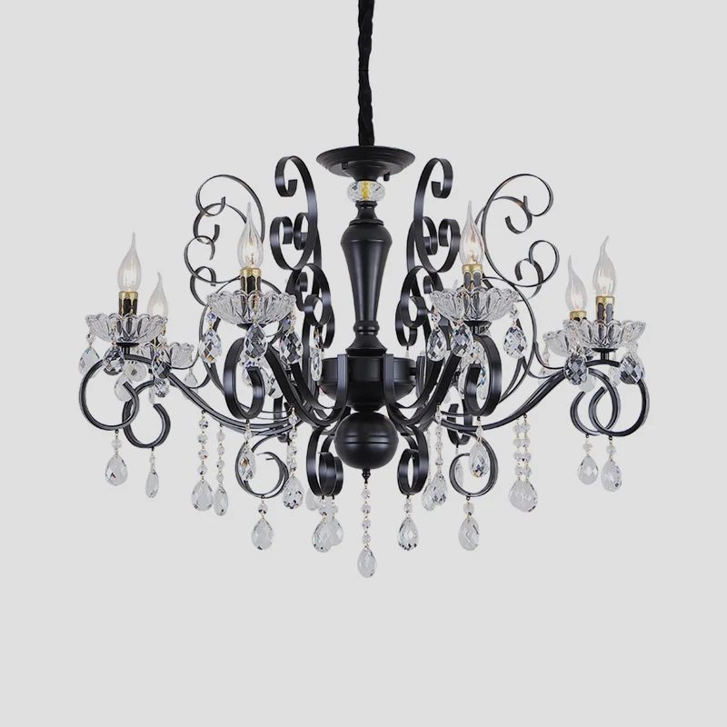 Heldere kristallen kandelaar ophanging hanger traditionele 6/8 lampen salonkroonluchter met druppels en zwarte scrollarmen...