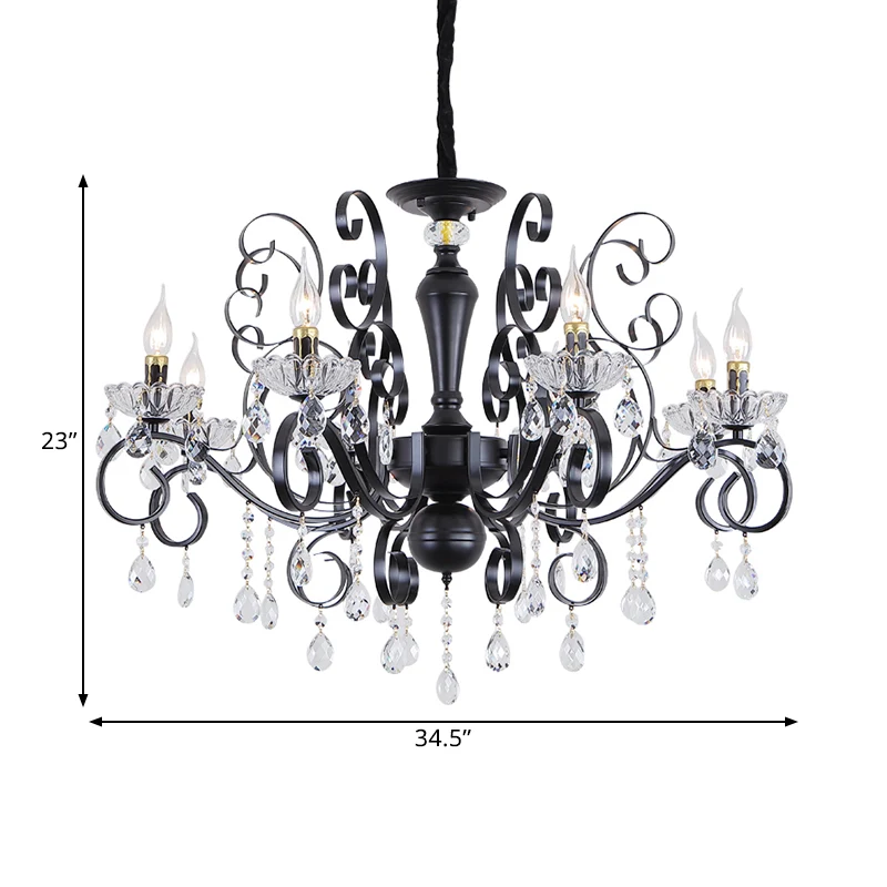 Heldere kristallen kandelaar ophanging hanger traditionele 6/8 lampen salonkroonluchter met druppels en zwarte scrollarmen...