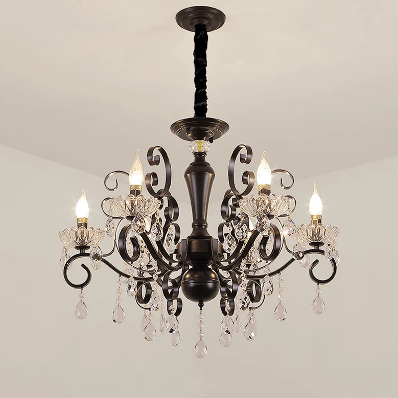 Heldere kristallen kandelaar ophanging hanger traditionele 6/8 lampen salonkroonluchter met druppels en zwarte scrollarmen...