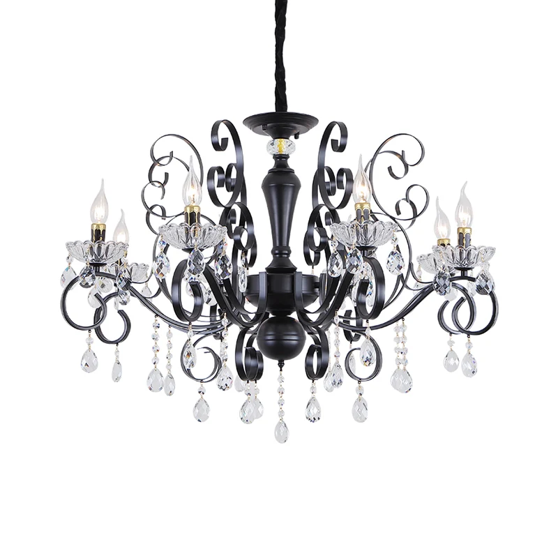 Heldere kristallen kandelaar ophanging hanger traditionele 6/8 lampen salonkroonluchter met druppels en zwarte scrollarmen...