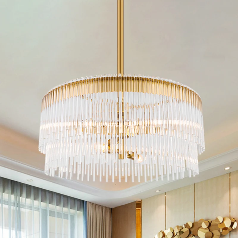 Heldere kristallen pijp hangende kroonluchter eigentijds 6-lichts plafond hanglamp messing afwerking voor woonkamer Clearhalo