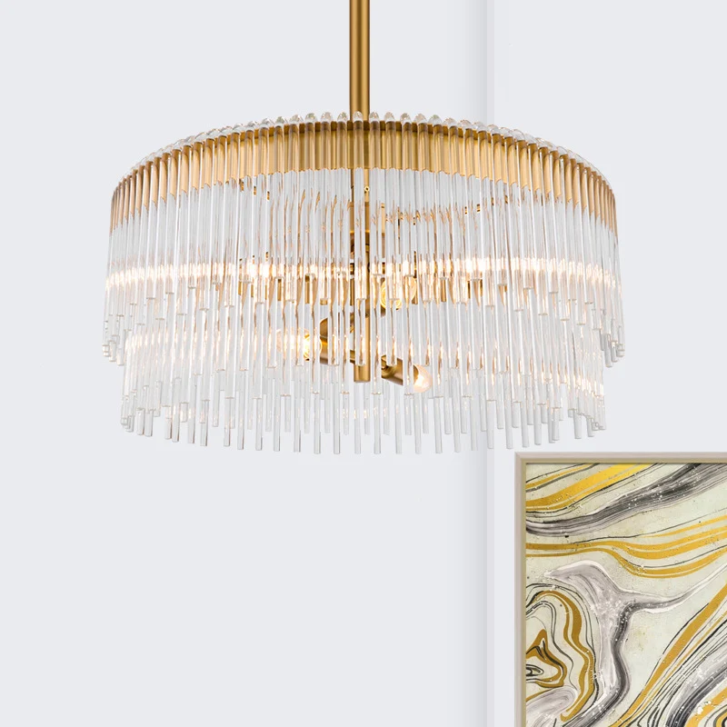 Heldere kristallen pijp hangende kroonluchter eigentijds 6-lichts plafond hanglamp messing afwerking voor woonkamer Clearhalo