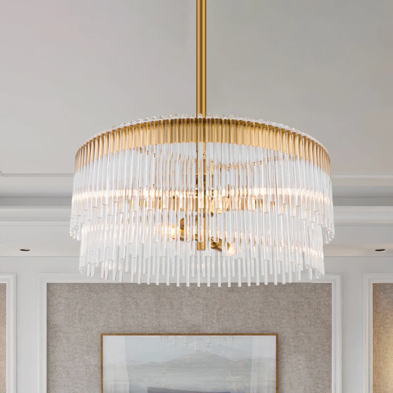 Heldere kristallen pijp hangende kroonluchter eigentijds 6-lichts plafond hanglamp messing afwerking voor woonkamer Clearhalo