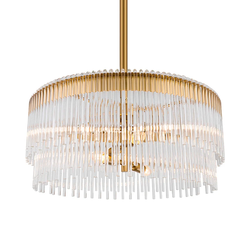 Heldere kristallen pijp hangende kroonluchter eigentijds 6-lichts plafond hanglamp messing afwerking voor woonkamer Clearhalo