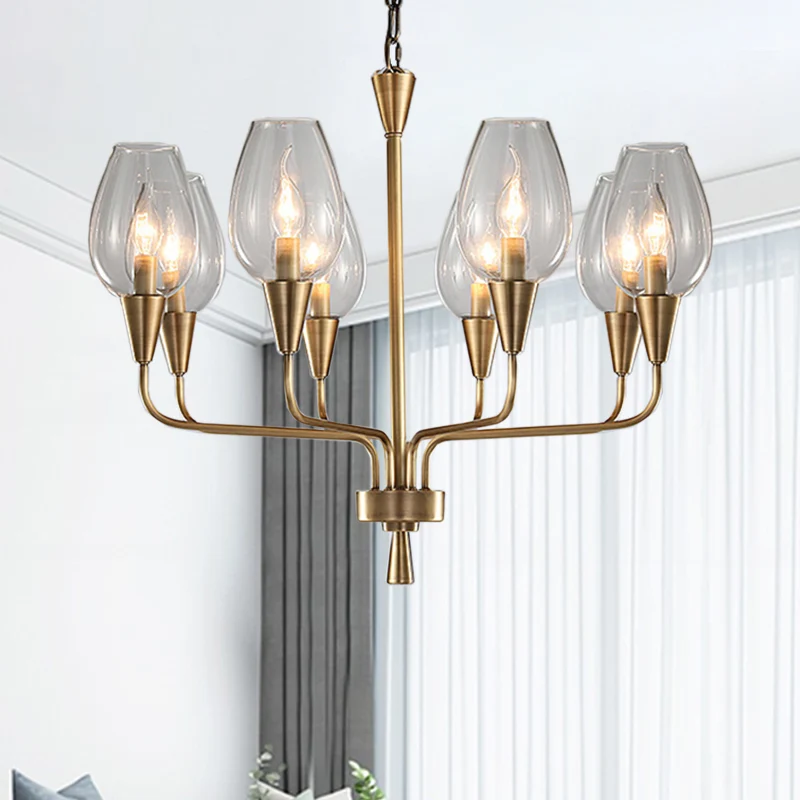 Helderglazen beker hangende verlichting Modernisme 8-koppige hangende kroonluchter messing met gebogen arm Clearhalo