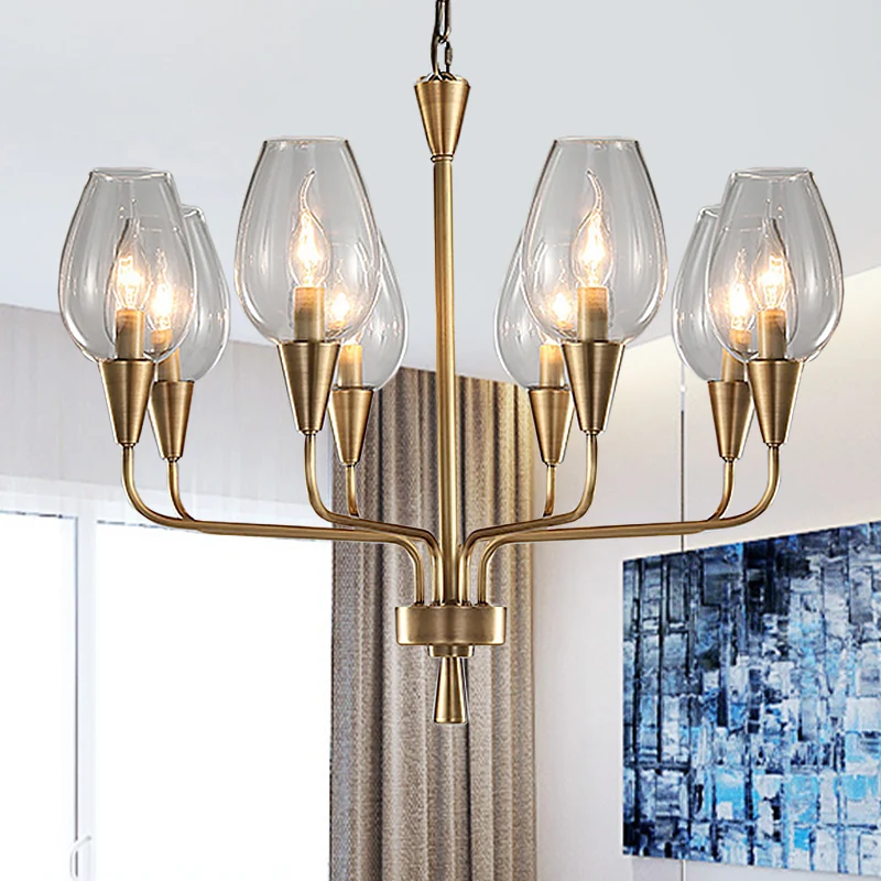 Helderglazen beker hangende verlichting Modernisme 8-koppige hangende kroonluchter messing met gebogen arm Clearhalo