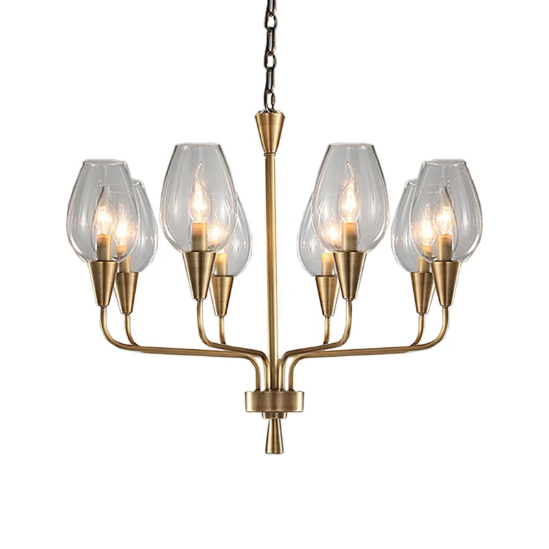Helderglazen beker hangende verlichting Modernisme 8-koppige hangende kroonluchter messing met gebogen arm Clearhalo