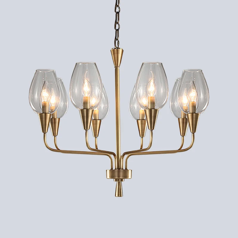 Helderglazen beker hangende verlichting Modernisme 8-koppige hangende kroonluchter messing met gebogen arm Clearhalo