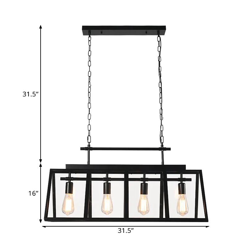 Helderglazen eilandhanglamp met driehoekig frame Rustieke 4-lichts koffieshop-hanglamp zwart Clearhalo