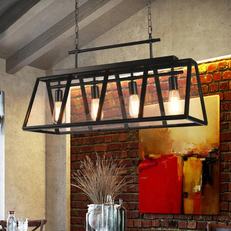 Helderglazen eilandhanglamp met driehoekig frame Rustieke 4-lichts koffieshop-hanglamp zwart Clearhalo
