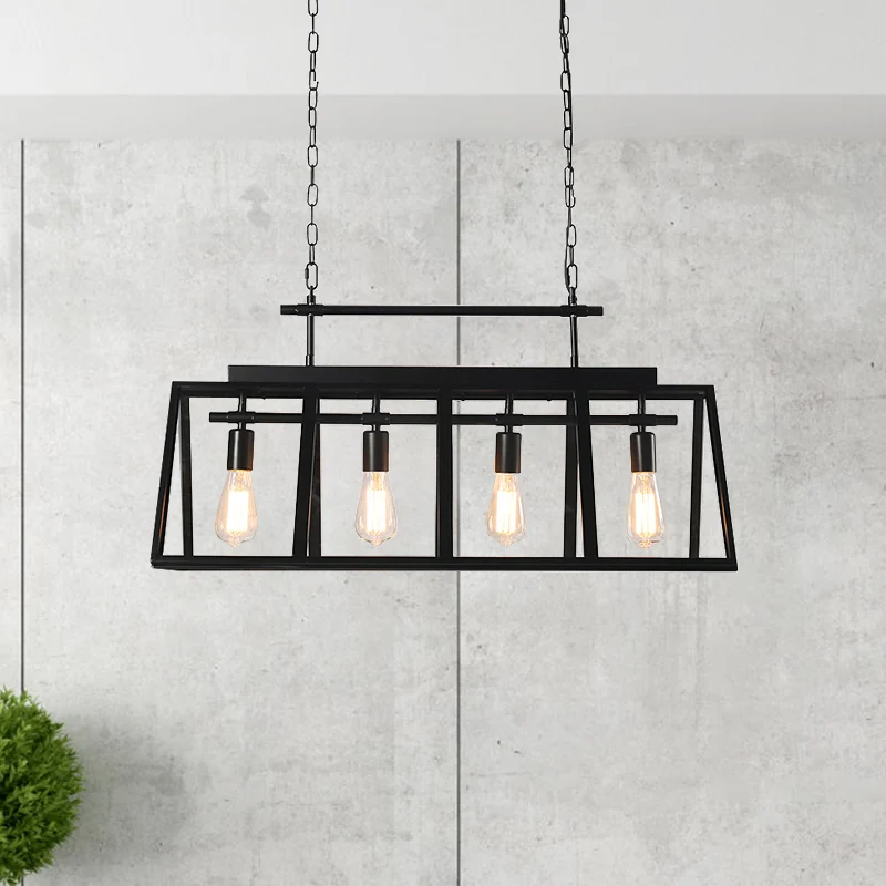 Helderglazen eilandhanglamp met driehoekig frame Rustieke 4-lichts koffieshop-hanglamp zwart Clearhalo