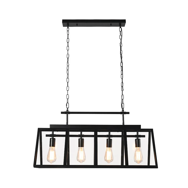 Helderglazen eilandhanglamp met driehoekig frame Rustieke 4-lichts koffieshop-hanglamp zwart Clearhalo