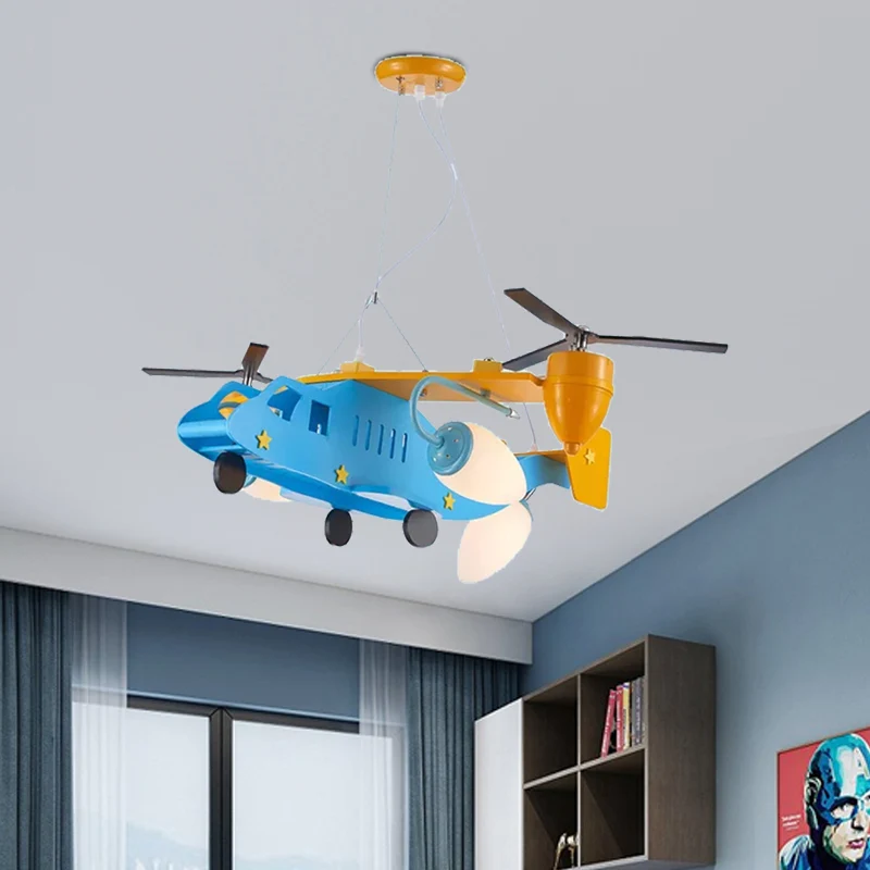 Helikopter kleuterschool jongens slaapkamer kroonluchter metalen coole plafondlamp blauwe afwerking Clearhalo