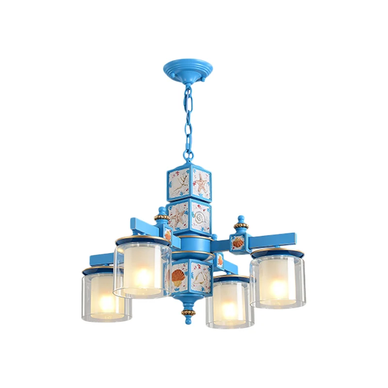 Hemels/lichtblauwe kroonluchter met dubbele cilinder Nordic 4 lampen Helder en opaalglas neerwaartse verlichting met schel...