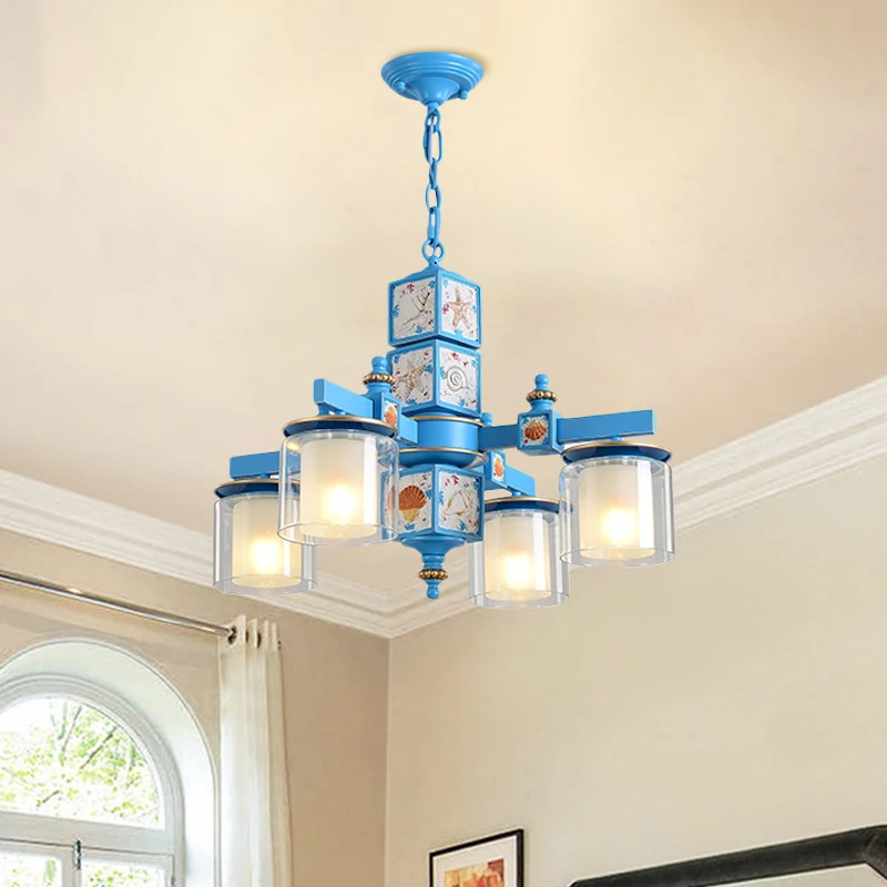 Hemels/lichtblauwe kroonluchter met dubbele cilinder Nordic 4 lampen Helder en opaalglas neerwaartse verlichting met schel...