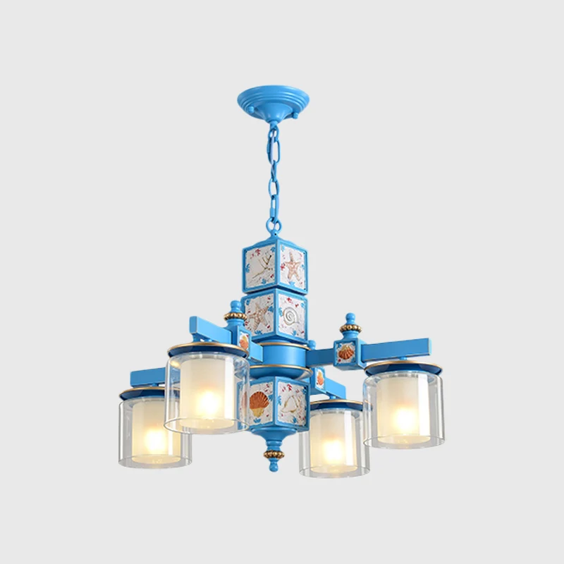 Hemels/lichtblauwe kroonluchter met dubbele cilinder Nordic 4 lampen Helder en opaalglas neerwaartse verlichting met schel...