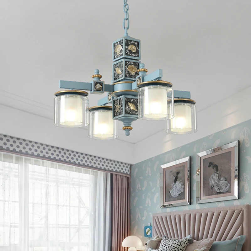 Hemels/lichtblauwe kroonluchter met dubbele cilinder Nordic 4 lampen Helder en opaalglas neerwaartse verlichting met schel...
