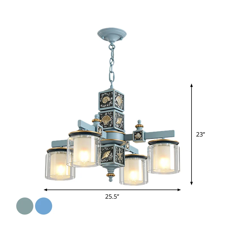 Hemels/lichtblauwe kroonluchter met dubbele cilinder Nordic 4 lampen Helder en opaalglas neerwaartse verlichting met schel...